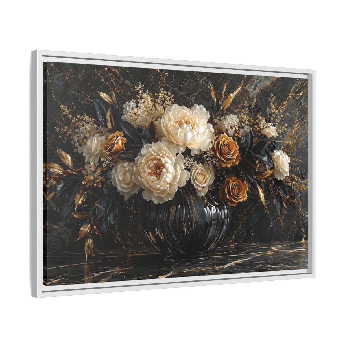 Side Mockup 10. Floral Peony Roses Black Gold Flowers shown as stretched canvas wall art