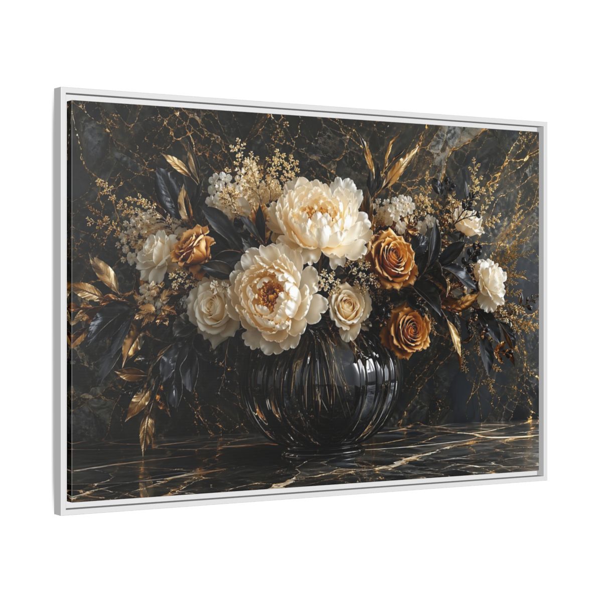 Side Mockup 7. Floral Peony Roses Black Gold Flowers shown as stretched canvas wall art