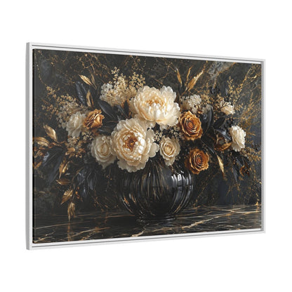 Side Mockup 7. Floral Peony Roses Black Gold Flowers shown as stretched canvas wall art