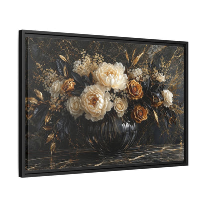 Side Mockup 14. Floral Peony Roses Black Gold Flowers shown as stretched canvas wall art