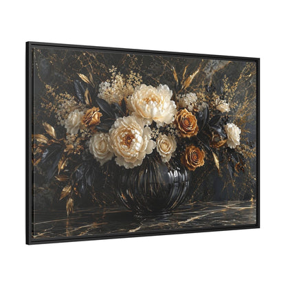 Side Mockup 12. Floral Peony Roses Black Gold Flowers shown as stretched canvas wall art