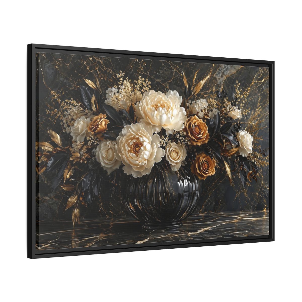Side Mockup 13. Floral Peony Roses Black Gold Flowers shown as stretched canvas wall art