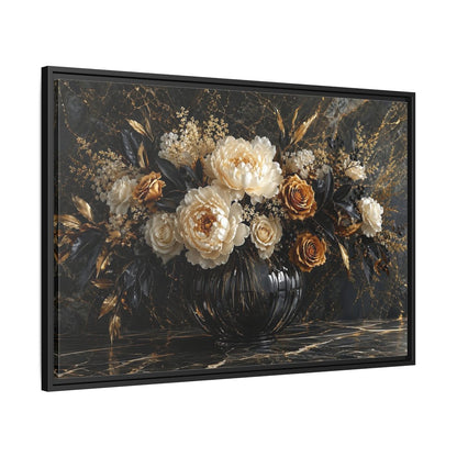 Side Mockup 13. Floral Peony Roses Black Gold Flowers shown as stretched canvas wall art