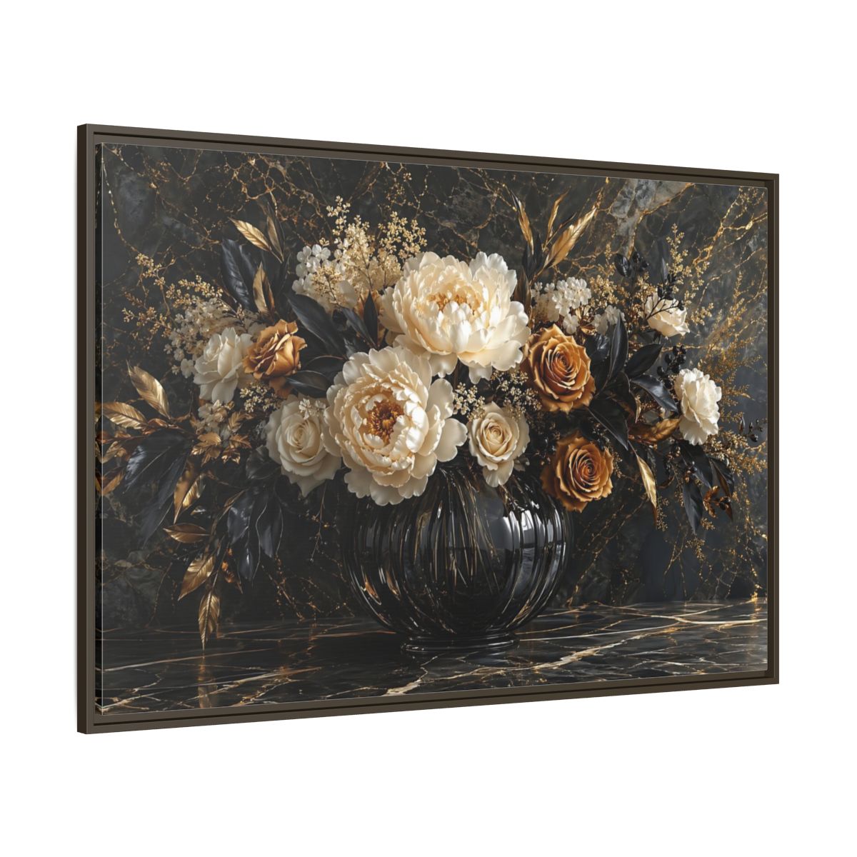 Side Mockup 8. Floral Peony Roses Black Gold Flowers shown as stretched canvas wall art