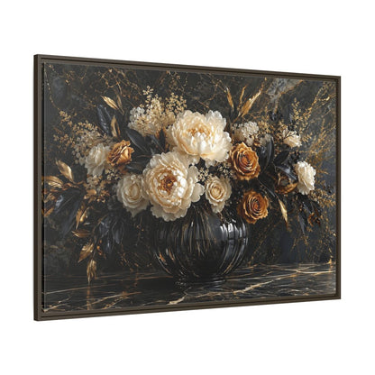 Side Mockup 8. Floral Peony Roses Black Gold Flowers shown as stretched canvas wall art