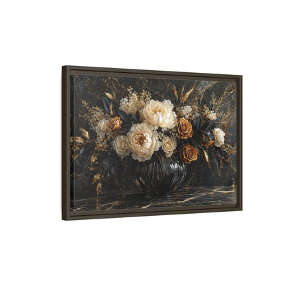 Side Mockup 2. Floral Peony Roses Black Gold Flowers shown as stretched canvas wall art