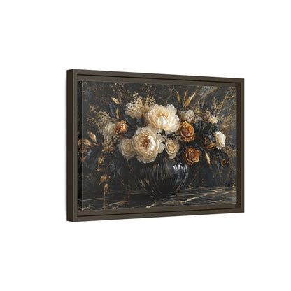 Side Mockup 5. Floral Peony Roses Black Gold Flowers shown as stretched canvas wall art
