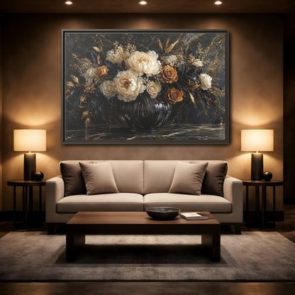 Mockup 2. Floral Peony Roses Black Gold Flowers shown as stretched canvas wall art