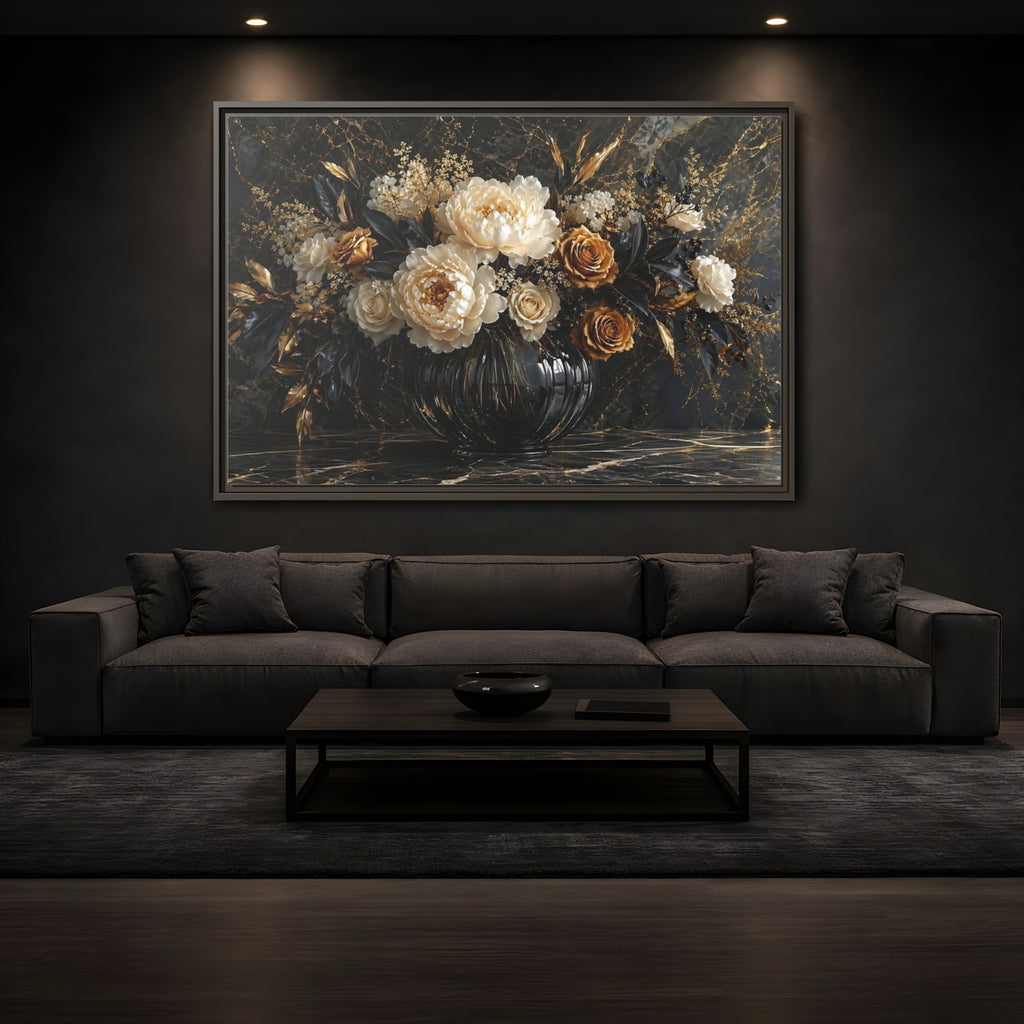 Mockup 3. Floral Peony Roses Black Gold Flowers shown as stretched canvas wall art