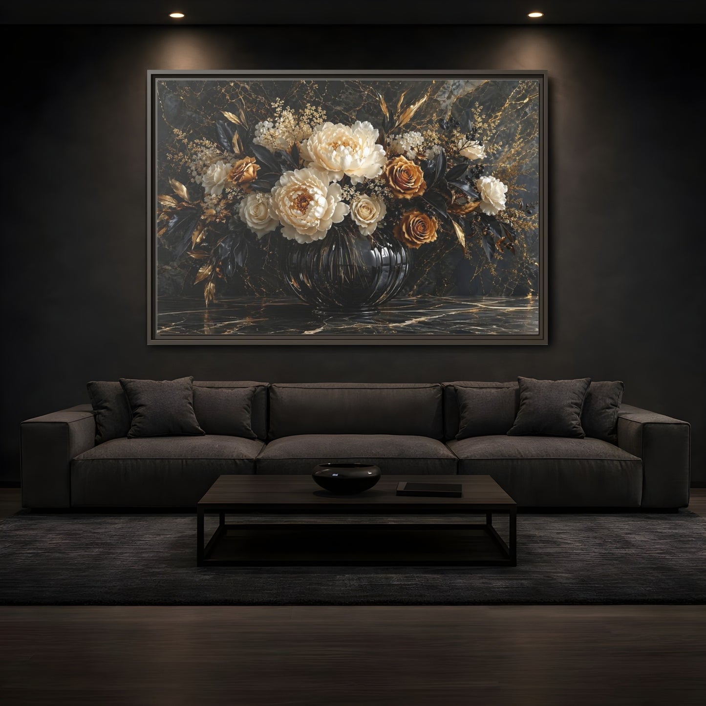 Mockup 3. Floral Peony Roses Black Gold Flowers shown as stretched canvas wall art
