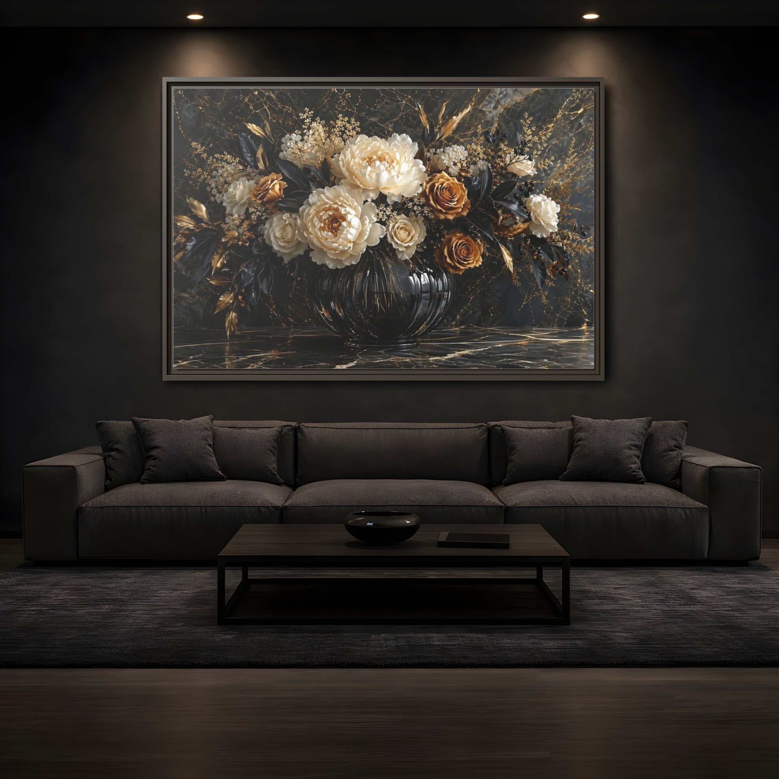 Mockup 3. Floral Peony Roses Black Gold Flowers shown as stretched canvas wall art