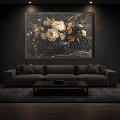 Mockup 3. Floral Peony Roses Black Gold Flowers shown as stretched canvas wall art