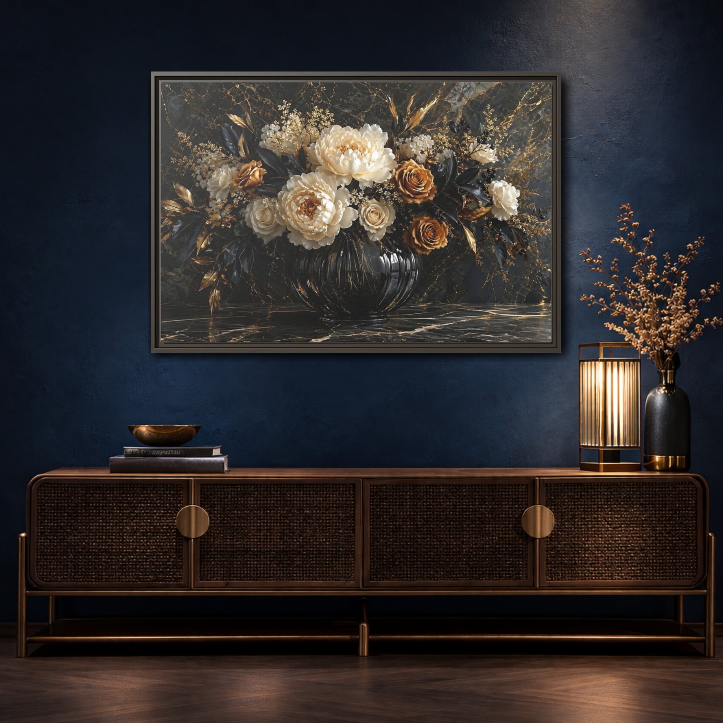 Mockup 4. Floral Peony Roses Black Gold Flowers shown as stretched canvas wall art