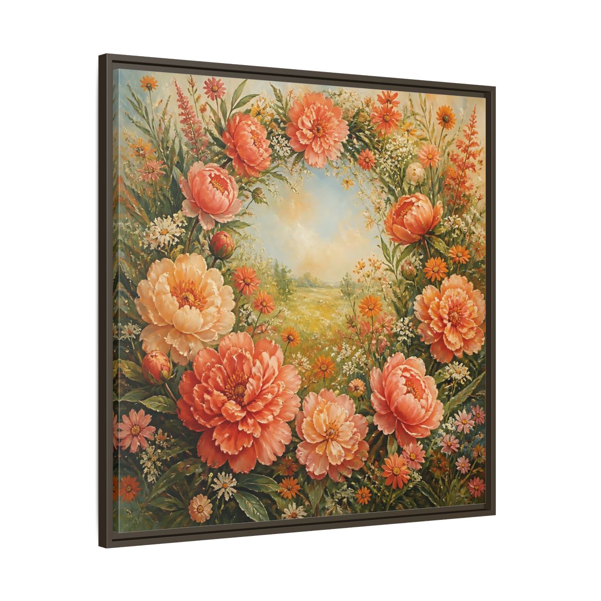 Main Mockup. Floral Peony Wreath Peach Floral Meadow shown as stretched canvas wall art
