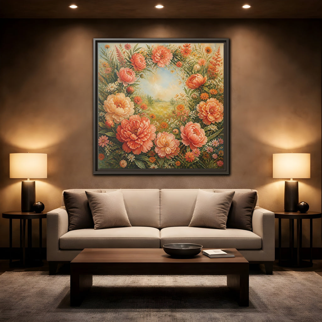 Mockup 2. Floral Peony Wreath Peach Floral Meadow shown as stretched canvas wall art