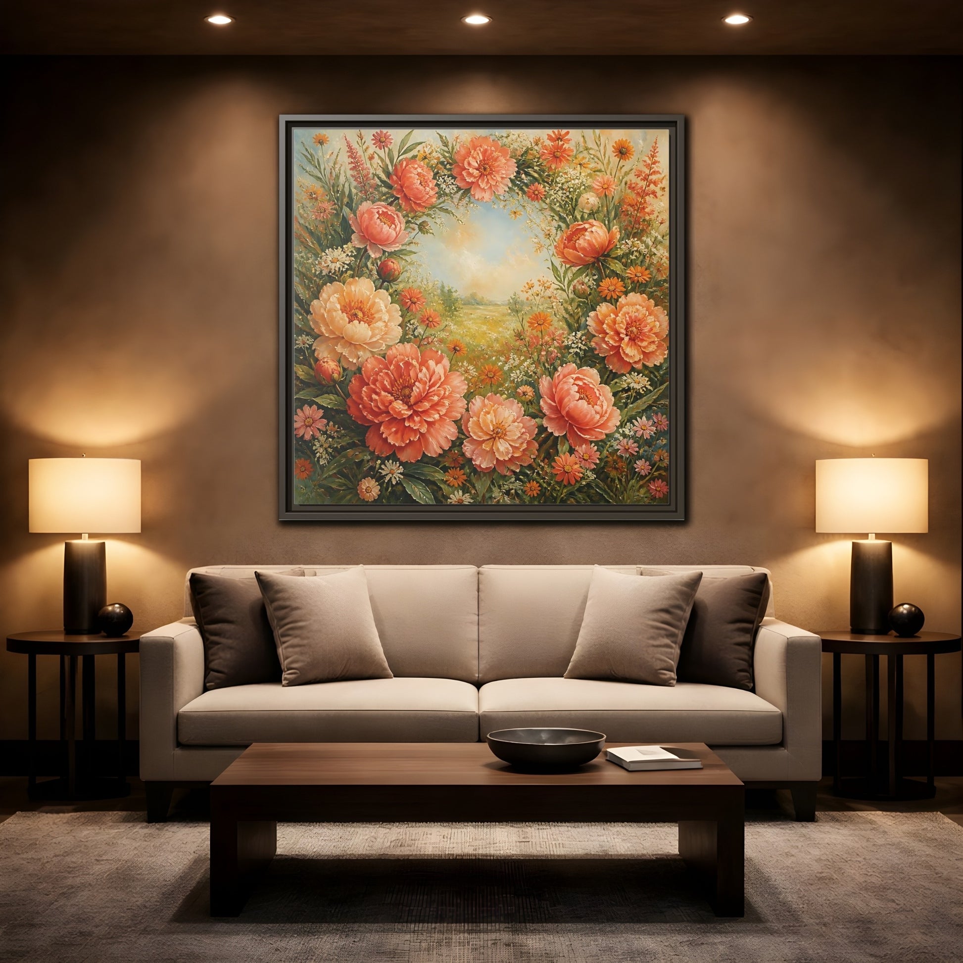 Mockup 2. Floral Peony Wreath Peach Floral Meadow shown as stretched canvas wall art