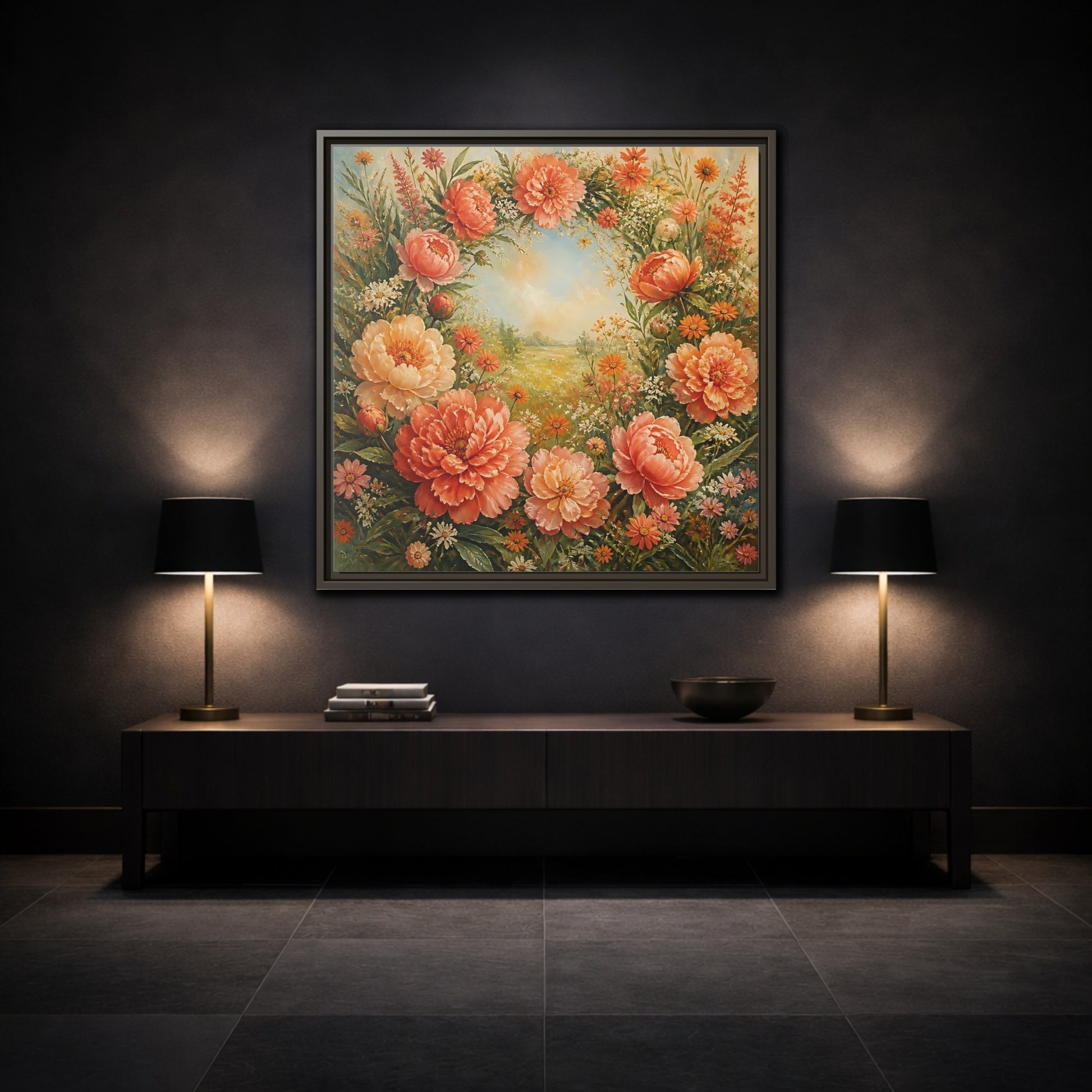 Mockup 3. Floral Peony Wreath Peach Floral Meadow shown as stretched canvas wall art