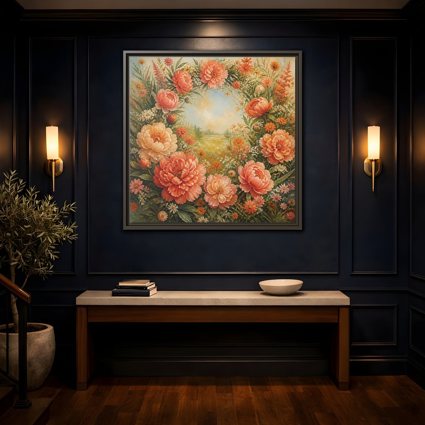 Mockup 4. Floral Peony Wreath Peach Floral Meadow shown as stretched canvas wall art