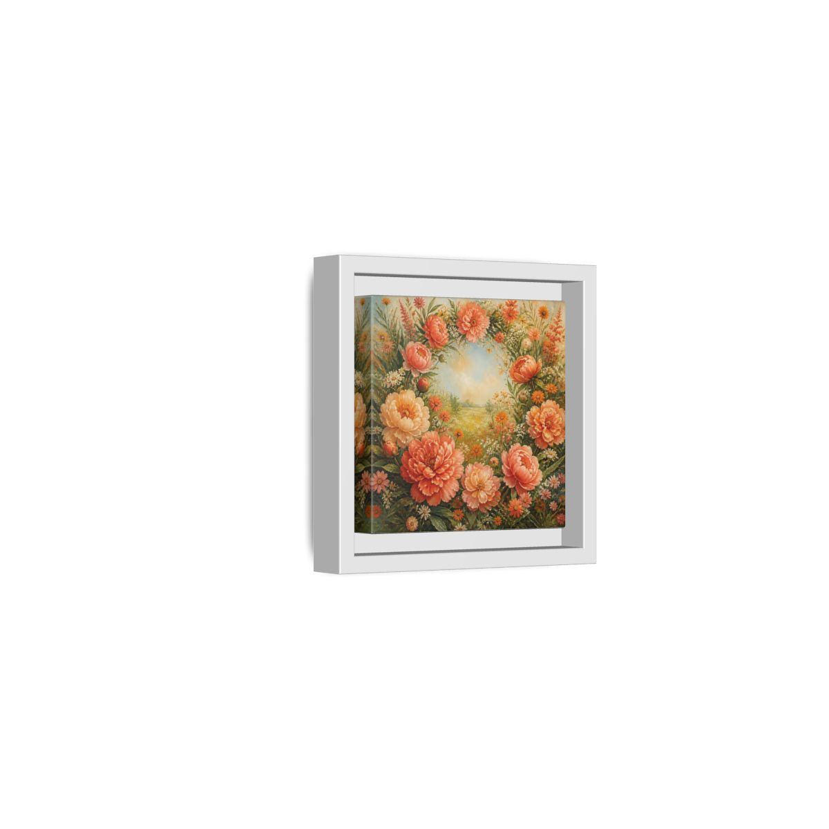 Side Mockup 22. Floral Peony Wreath Peach Floral Meadow shown as stretched canvas wall art