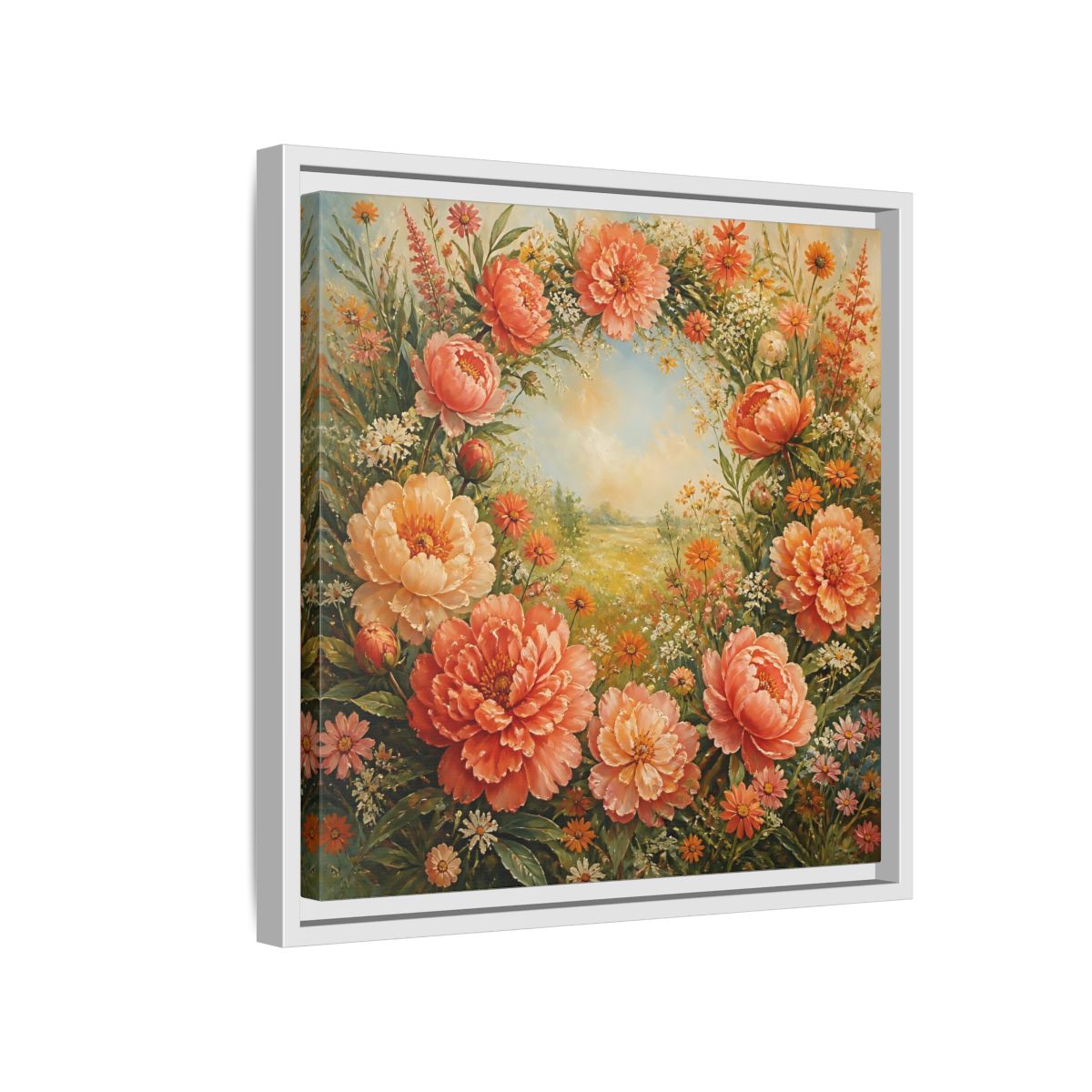 Side Mockup 13. Floral Peony Wreath Peach Floral Meadow shown as stretched canvas wall art