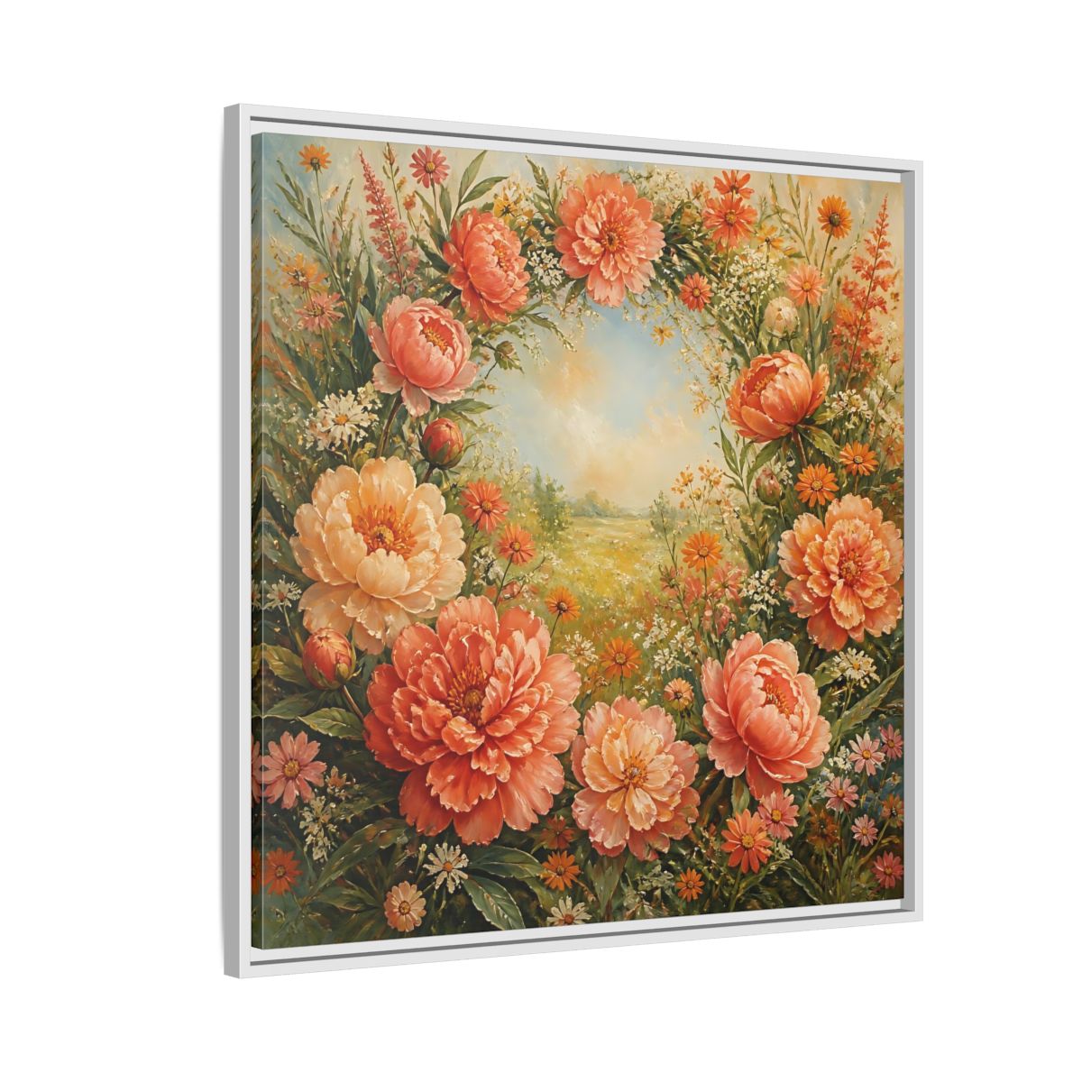 Side Mockup 7. Floral Peony Wreath Peach Floral Meadow shown as stretched canvas wall art