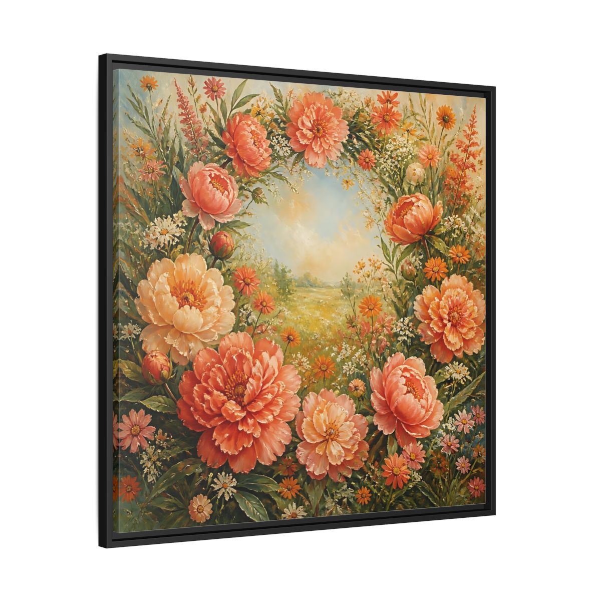 Side Mockup 30. Floral Peony Wreath Peach Floral Meadow shown as stretched canvas wall art
