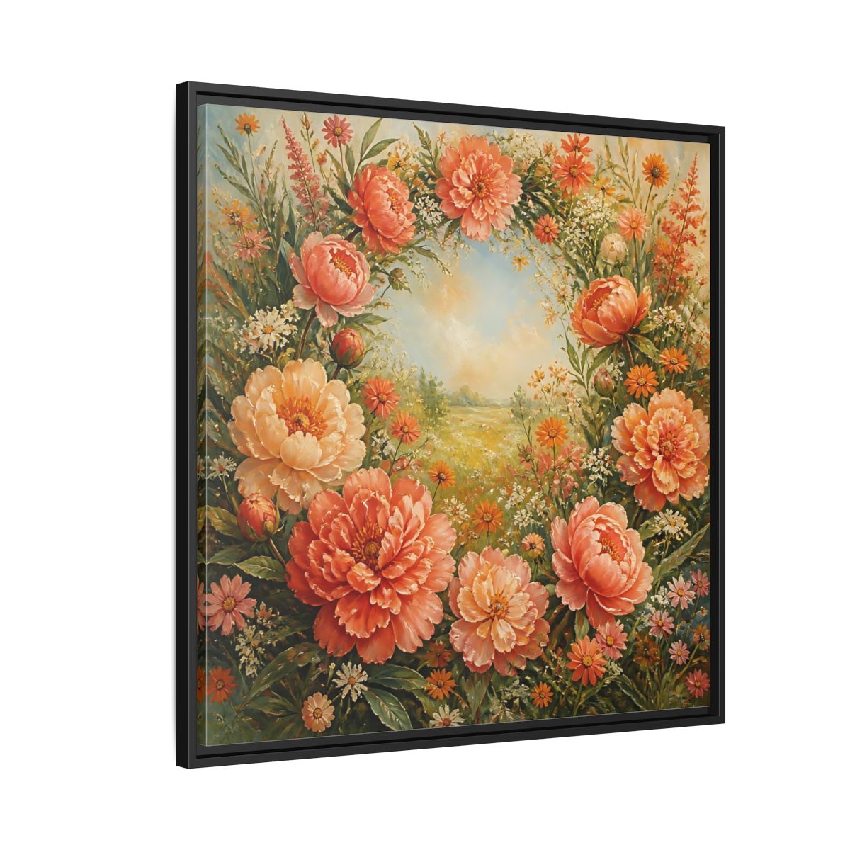 Side Mockup 9. Floral Peony Wreath Peach Floral Meadow shown as stretched canvas wall art