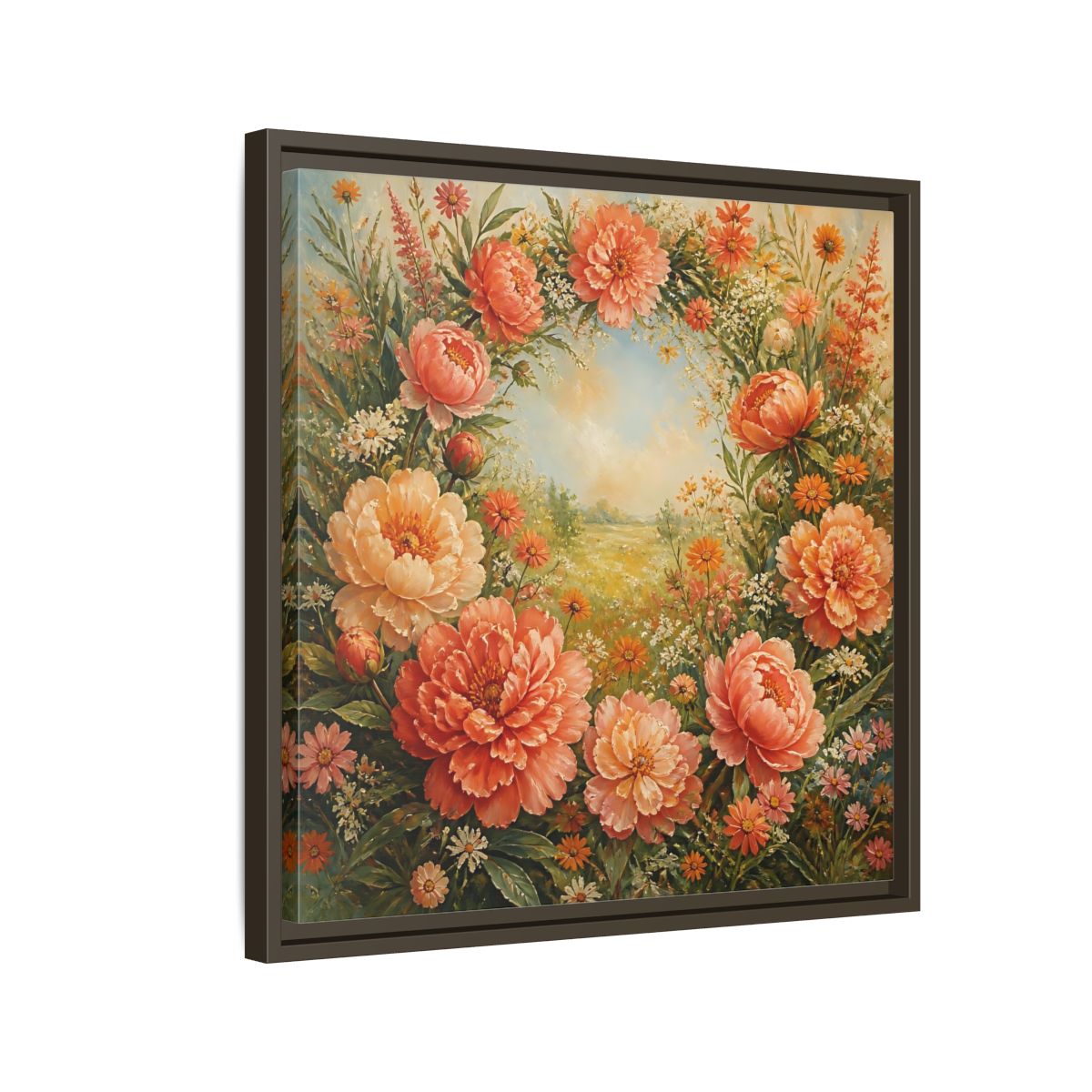 Side Mockup 11. Floral Peony Wreath Peach Floral Meadow shown as stretched canvas wall art