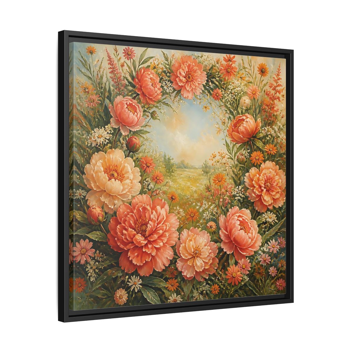 Side Mockup 31. Floral Peony Wreath Peach Floral Meadow shown as stretched canvas wall art