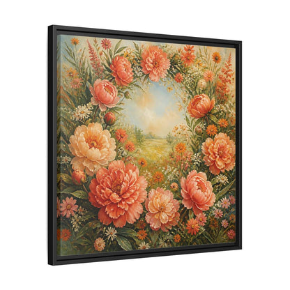 Side Mockup 31. Floral Peony Wreath Peach Floral Meadow shown as stretched canvas wall art