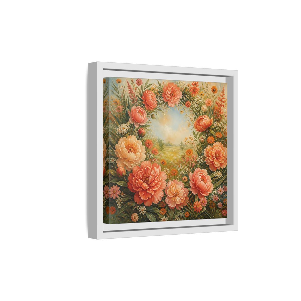 Side Mockup 19. Floral Peony Wreath Peach Floral Meadow shown as stretched canvas wall art