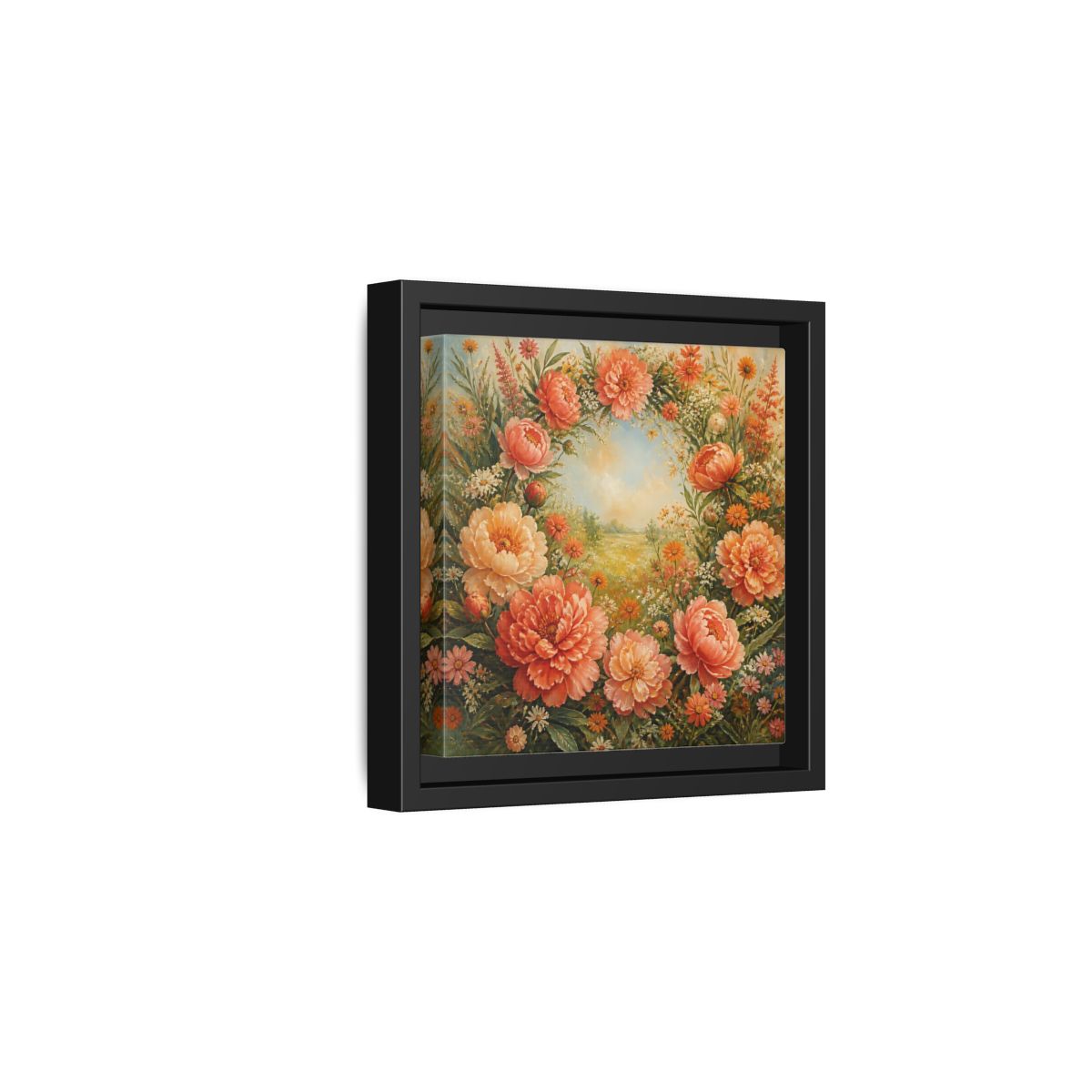 Side Mockup 3. Floral Peony Wreath Peach Floral Meadow shown as stretched canvas wall art