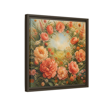 Side Mockup 14. Floral Peony Wreath Peach Floral Meadow shown as stretched canvas wall art