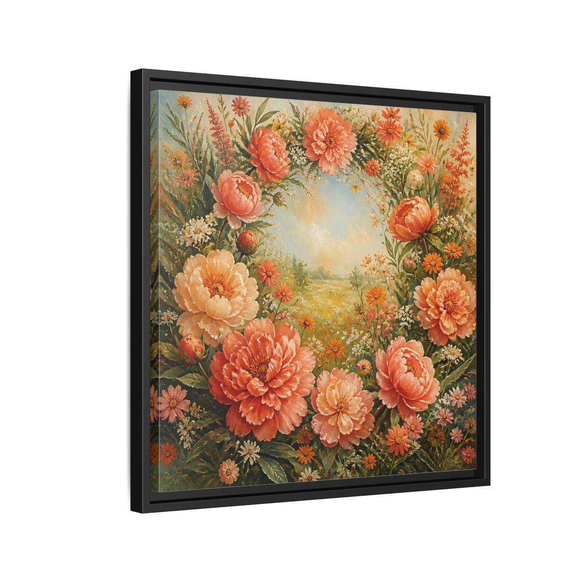 Side Mockup 12. Floral Peony Wreath Peach Floral Meadow shown as stretched canvas wall art