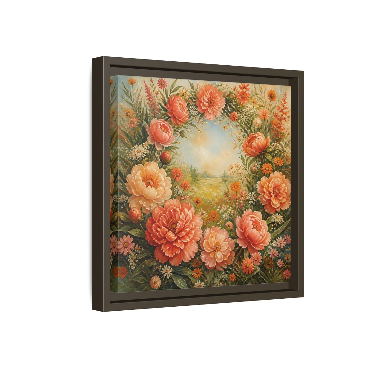 Side Mockup 17. Floral Peony Wreath Peach Floral Meadow shown as stretched canvas wall art