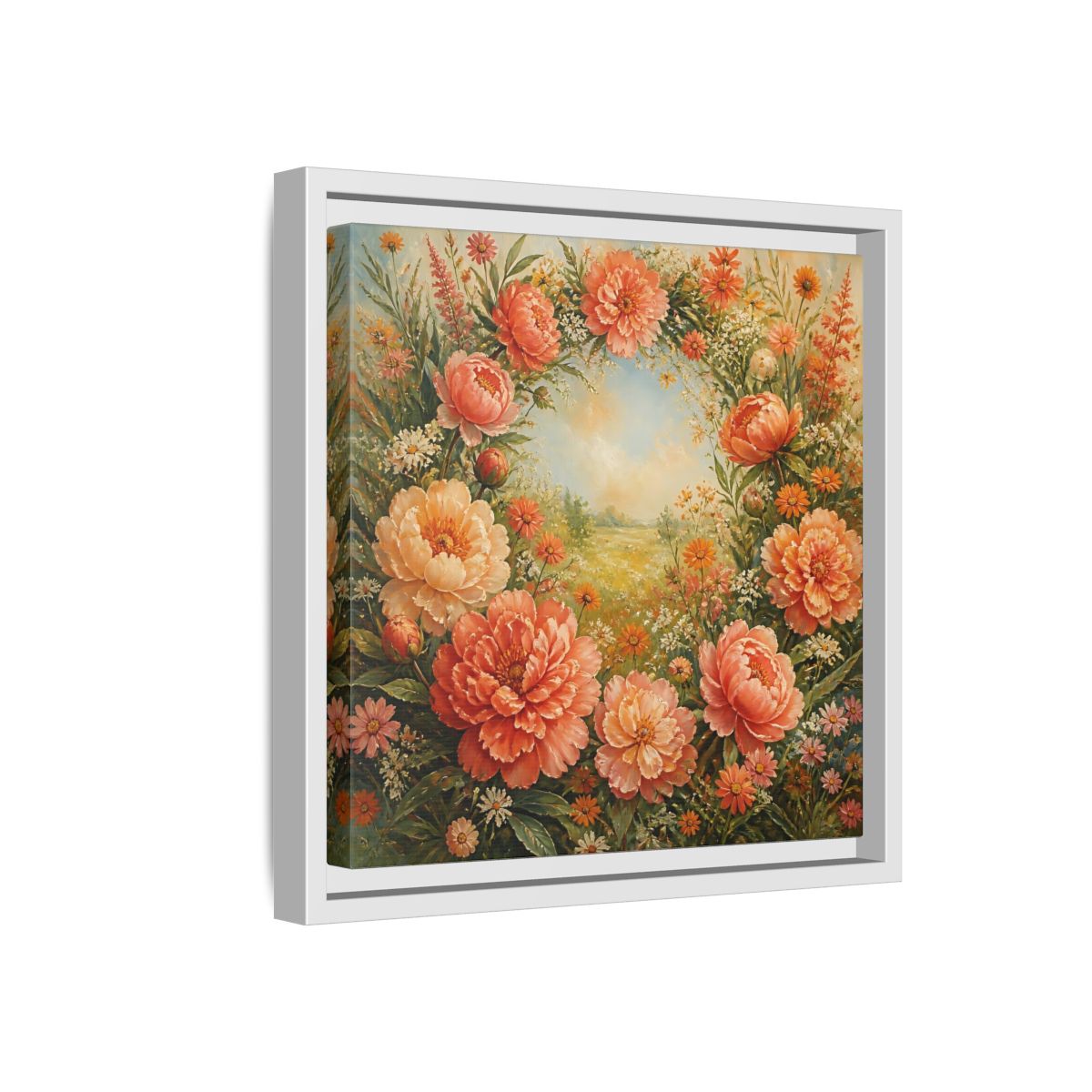 Side Mockup 16. Floral Peony Wreath Peach Floral Meadow shown as stretched canvas wall art