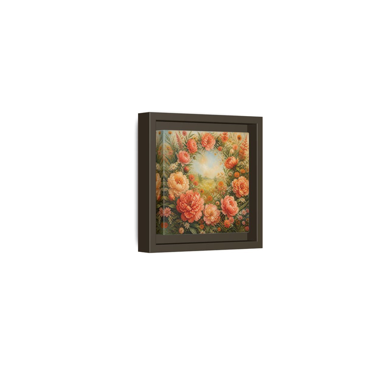 Side Mockup 23. Floral Peony Wreath Peach Floral Meadow shown as stretched canvas wall art