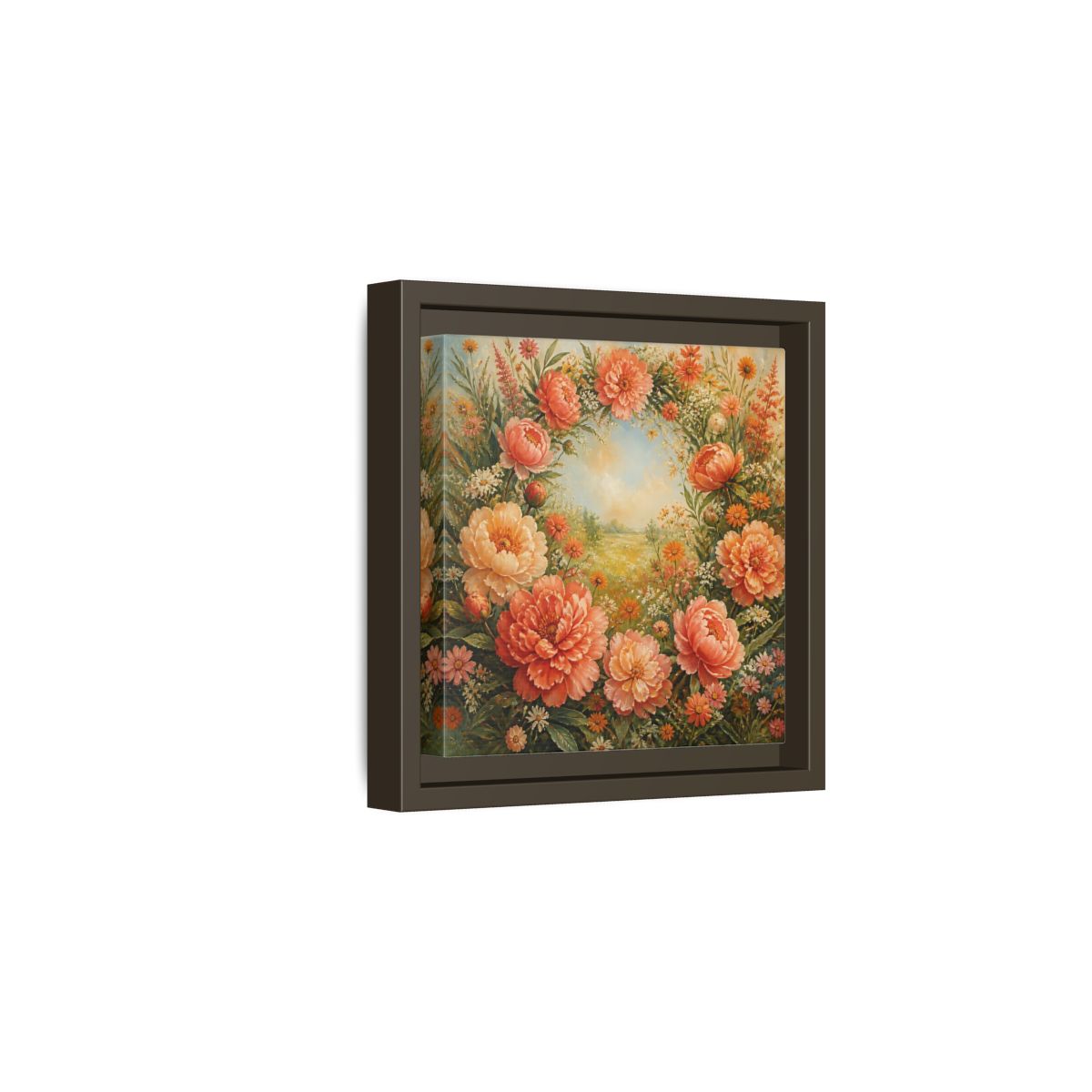 Side Mockup 2. Floral Peony Wreath Peach Floral Meadow shown as stretched canvas wall art