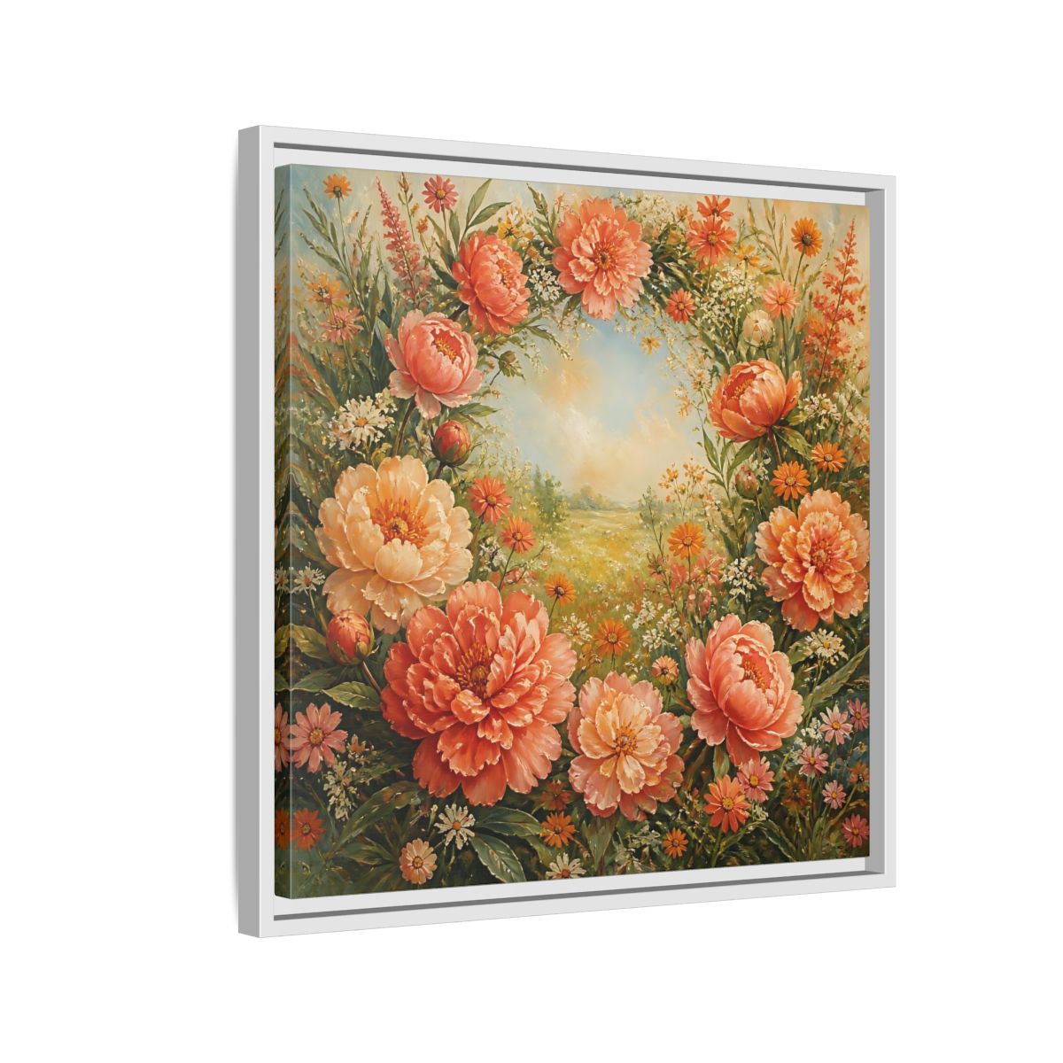 Side Mockup 10. Floral Peony Wreath Peach Floral Meadow shown as stretched canvas wall art