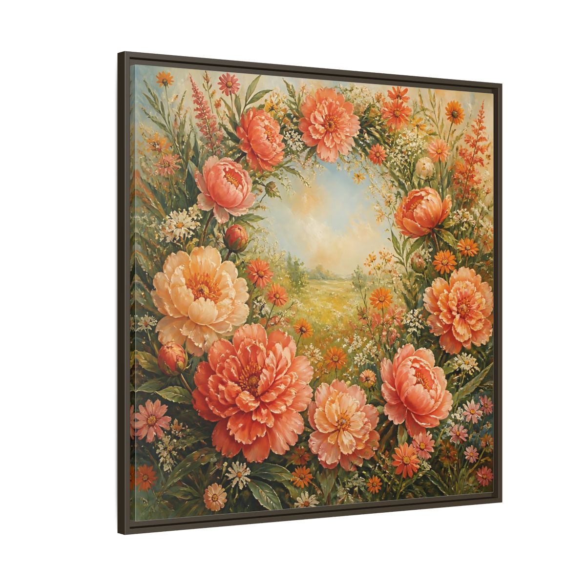 Side Mockup 5. Floral Peony Wreath Peach Floral Meadow shown as stretched canvas wall art