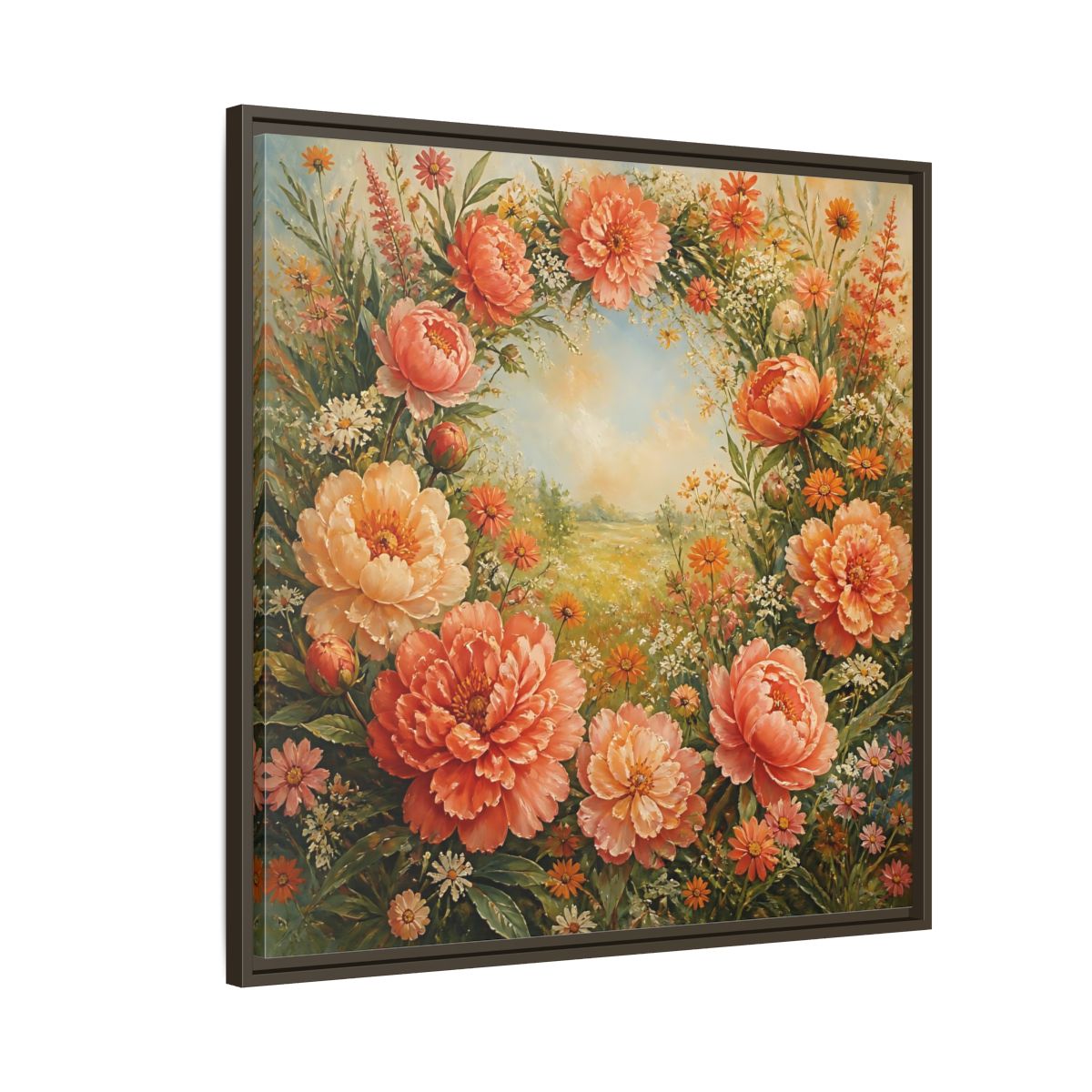 Side Mockup 8. Floral Peony Wreath Peach Floral Meadow shown as stretched canvas wall art