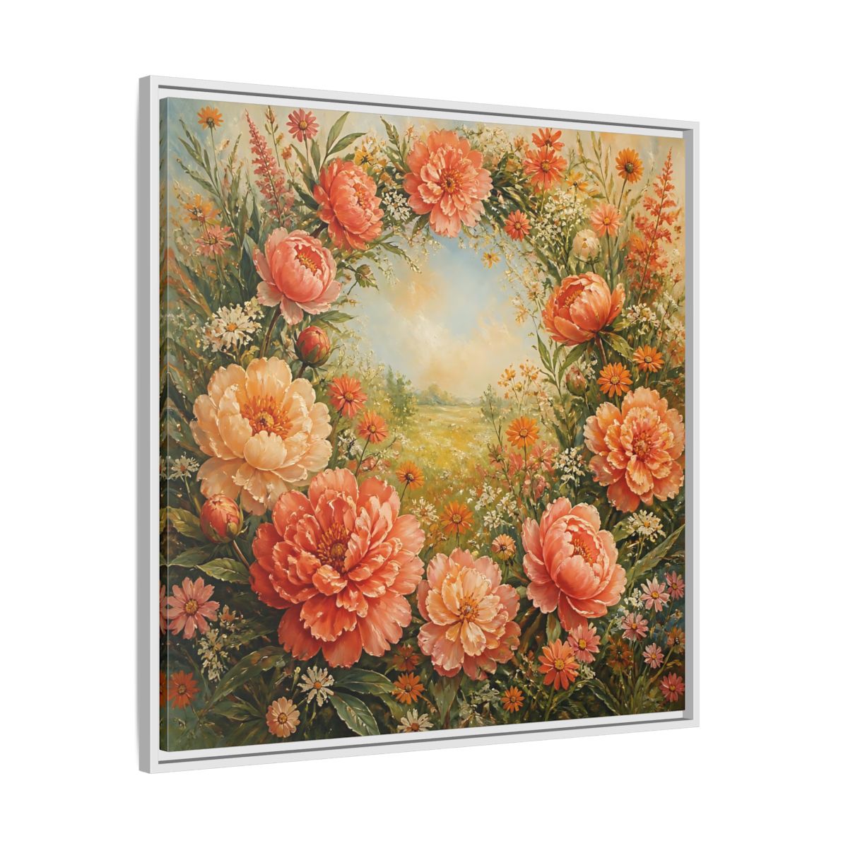 Side Mockup 25. Floral Peony Wreath Peach Floral Meadow shown as stretched canvas wall art