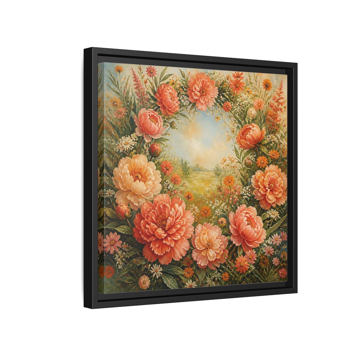 Side Mockup 15. Floral Peony Wreath Peach Floral Meadow shown as stretched canvas wall art