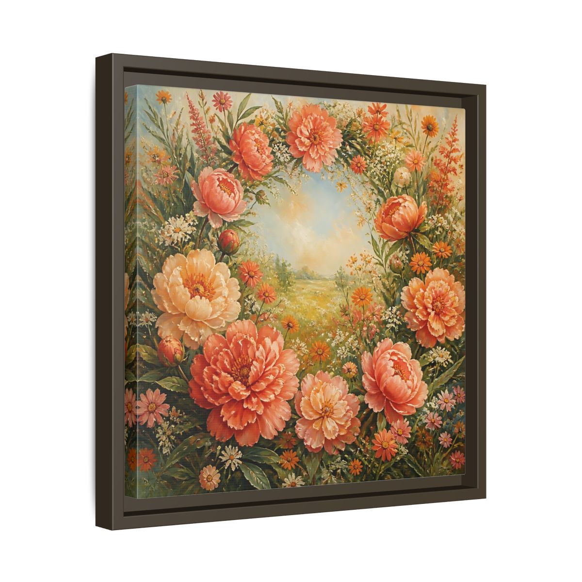 Side Mockup 29. Floral Peony Wreath Peach Floral Meadow shown as stretched canvas wall art
