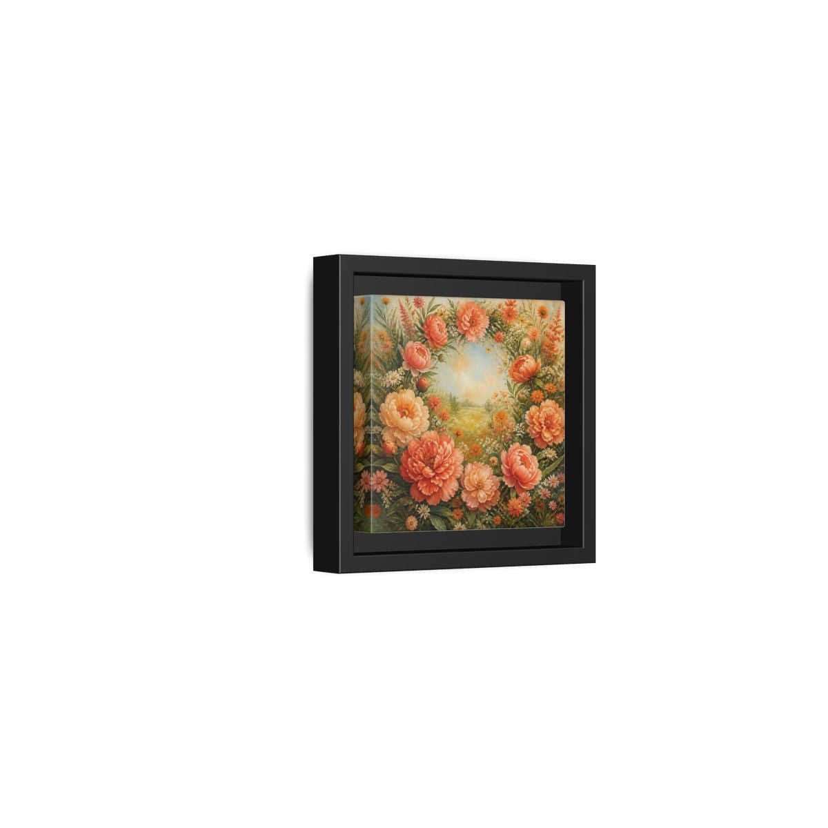 Side Mockup 24. Floral Peony Wreath Peach Floral Meadow shown as stretched canvas wall art