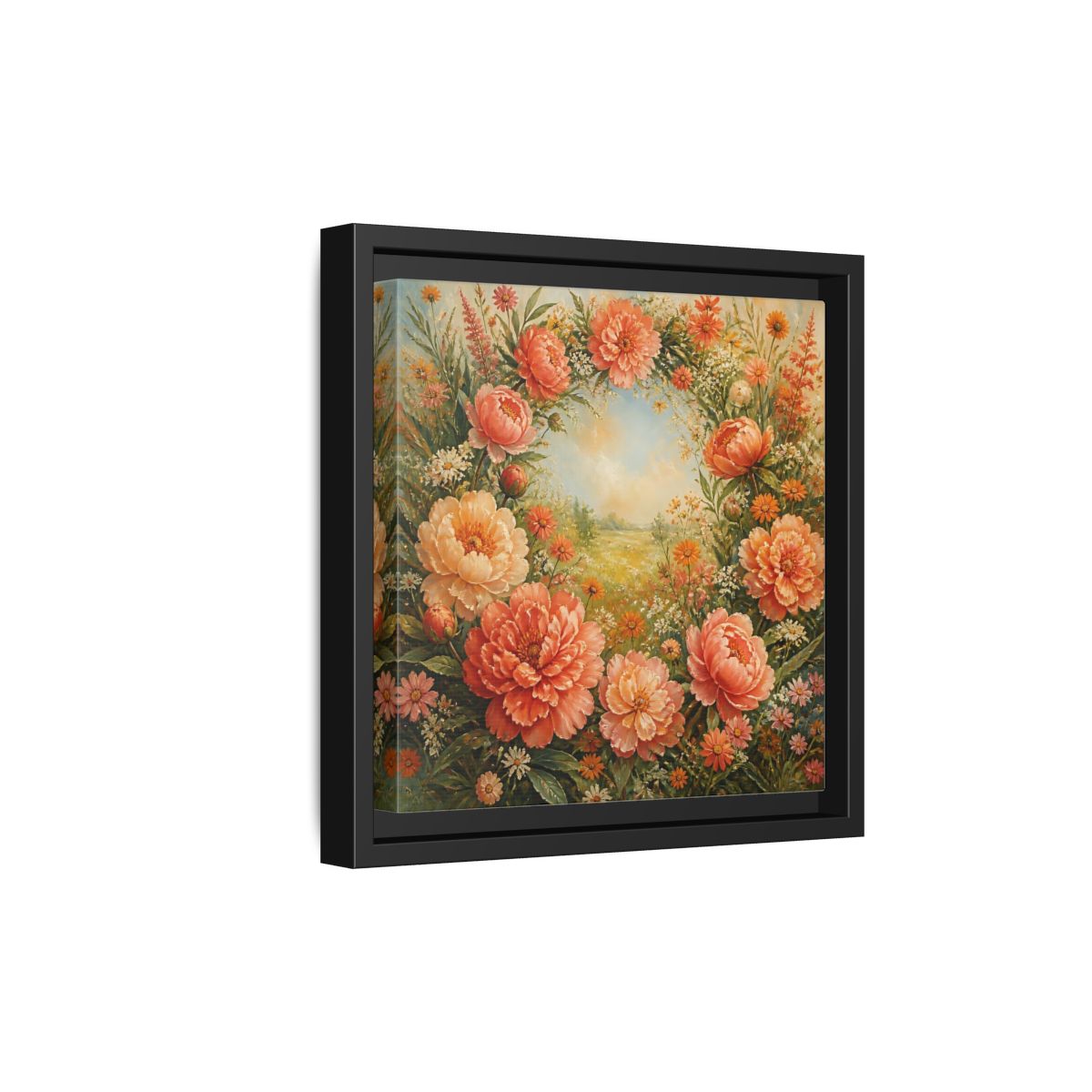 Side Mockup 21. Floral Peony Wreath Peach Floral Meadow shown as stretched canvas wall art