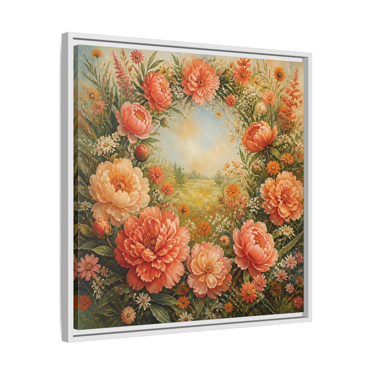Side Mockup 26. Floral Peony Wreath Peach Floral Meadow shown as stretched canvas wall art