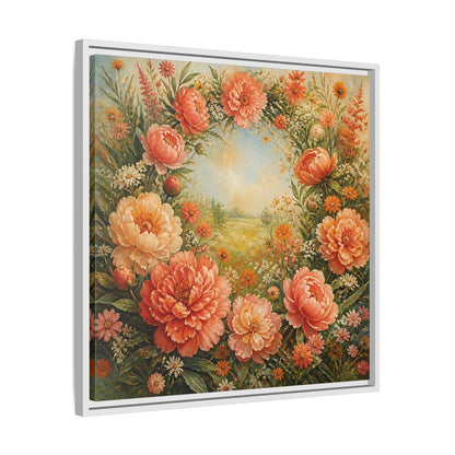 Side Mockup 26. Floral Peony Wreath Peach Floral Meadow shown as stretched canvas wall art