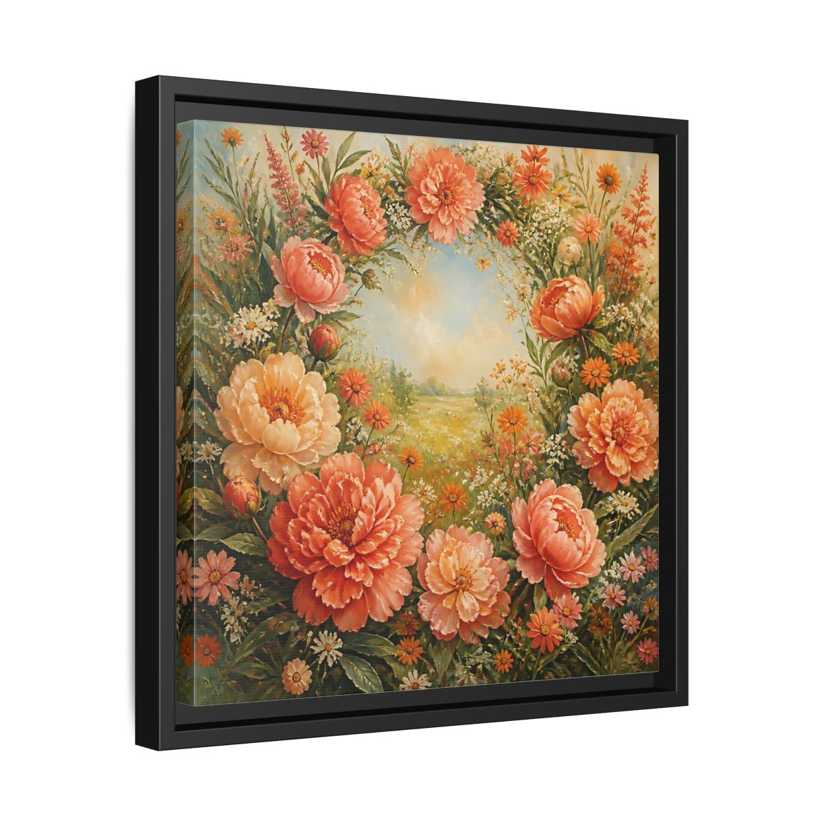 Side Mockup 32. Floral Peony Wreath Peach Floral Meadow shown as stretched canvas wall art