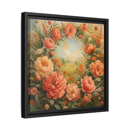 Side Mockup 32. Floral Peony Wreath Peach Floral Meadow shown as stretched canvas wall art